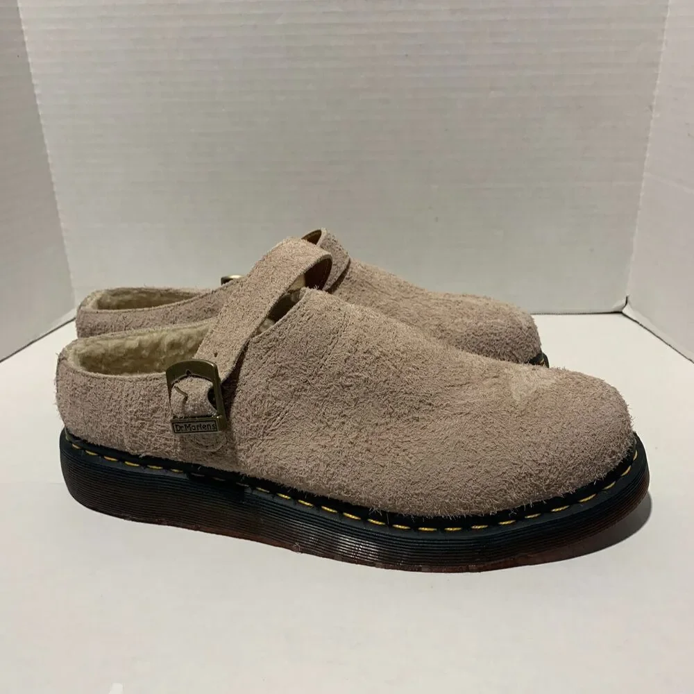 Dr Martens Isham Men's Sz 13 Taupe Long Napped Suede Buckle Fur Lined Clog